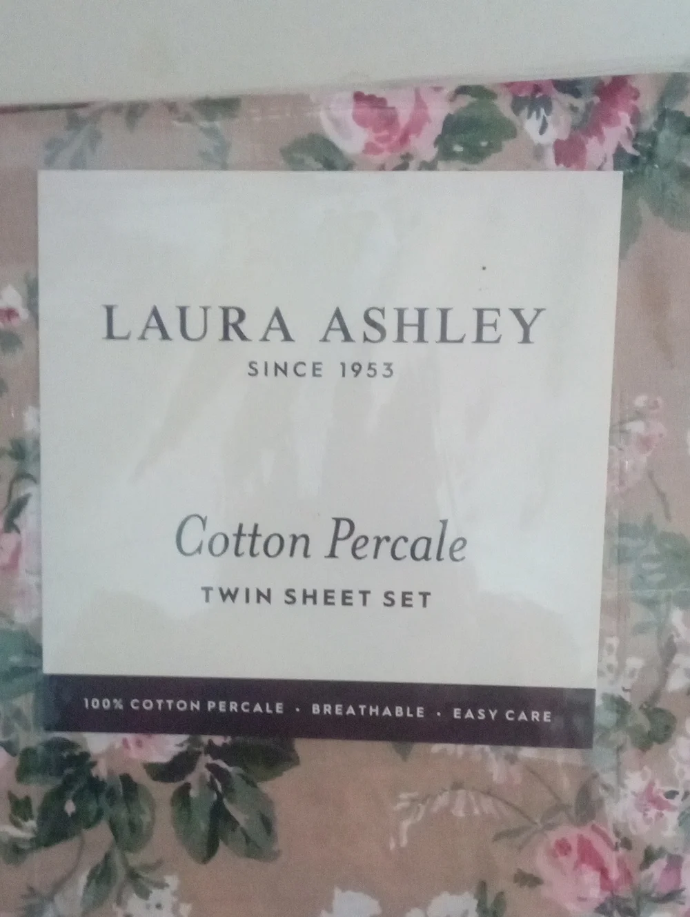 Laura Ashley Beige Floral Cotton Percale Twin Sheet Set NWT $120